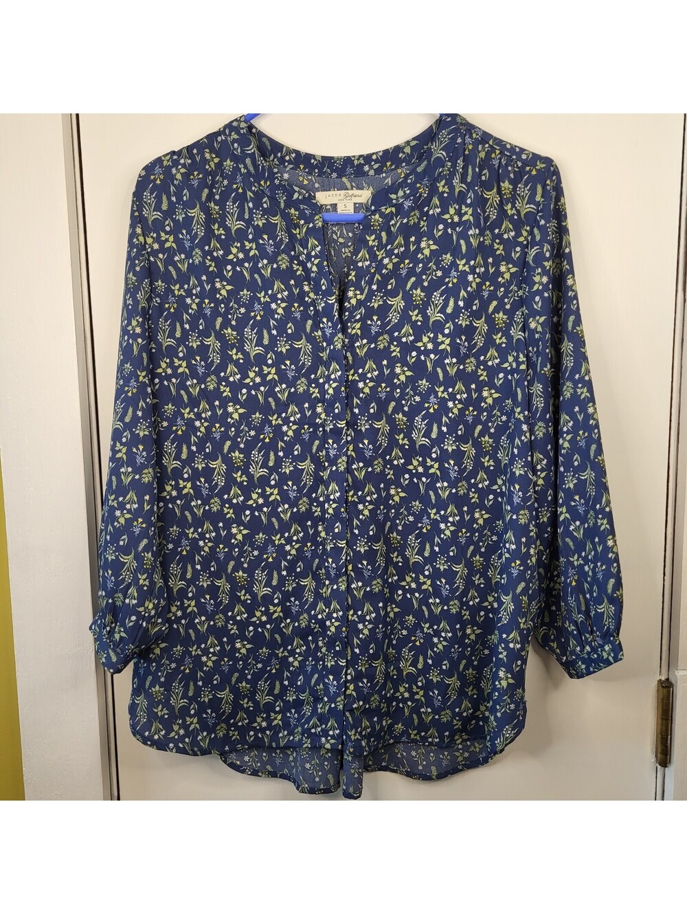 Jachs Girlfriend navy blue floral print 3/4-sleeve blouse women's small like new